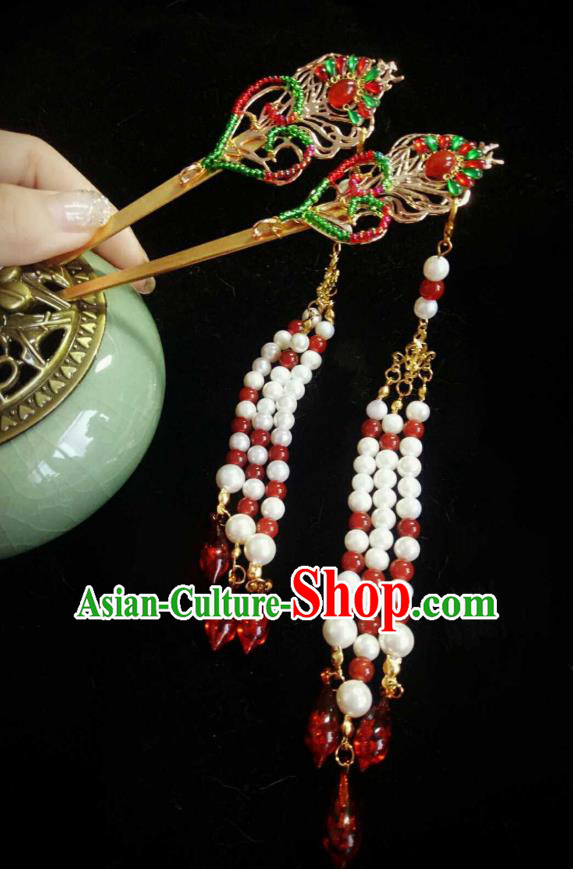 Handmade Chinese Beads Tassel Hairpins Traditional Hanfu Hair Accessories Ancient Qing Dynasty Court Hair Clip for Women