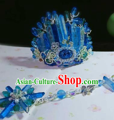 Handmade Chinese Royalblue Crystal Hair Crown Hairpins Traditional Hanfu Hair Accessories Ancient Court Hair Clip for Women