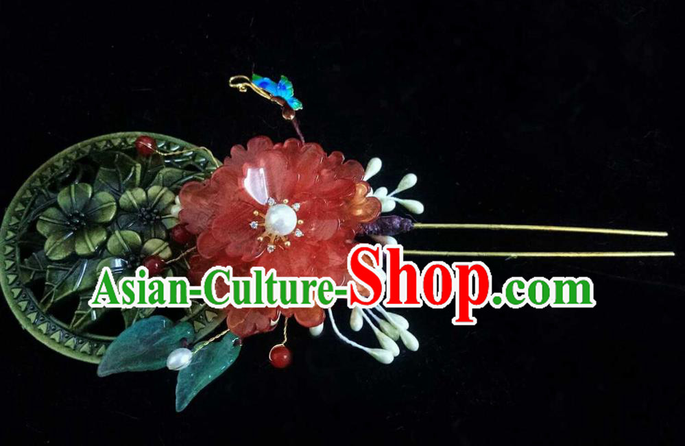 Handmade Chinese Red Peony Hairpins Traditional Hanfu Hair Accessories Ancient Court Hair Clip for Women