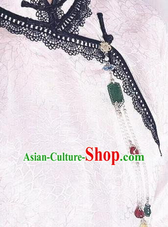 Chinese Classical Palace Jade Brooch Traditional Hanfu Accessories Handmade Cheongsam Breastpin Beads Tassel Pendant for Women