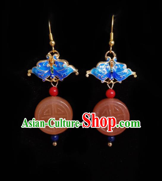 Chinese Handmade Court Red Jade Earrings Traditional Hanfu Ear Jewelry Accessories Classical Cloisonne Butterfly Eardrop for Women