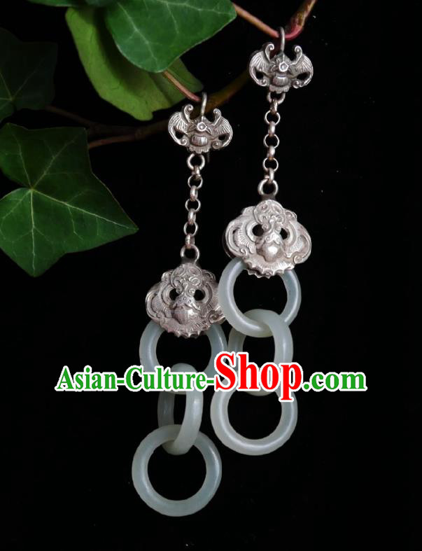 Chinese Handmade Court Silver Carving Earrings Traditional Hanfu Ear Jewelry Accessories Classical Hetian Jade Rings Eardrop for Women