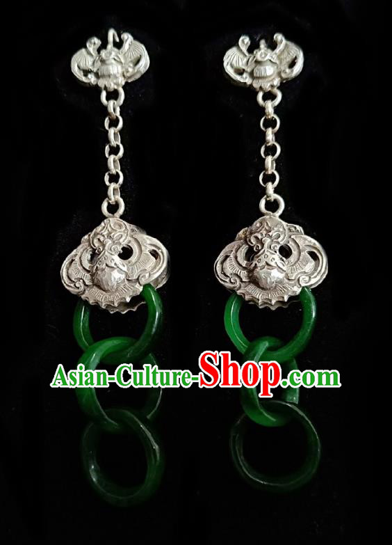 Chinese Handmade Court Silver Bat Earrings Traditional Hanfu Ear Jewelry Accessories Classical Green Jade Rings Eardrop for Women
