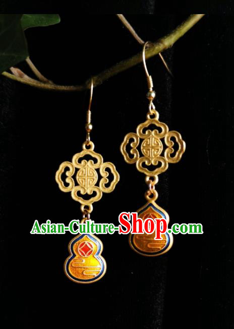 Chinese Handmade Qing Dynasty Earrings Traditional Hanfu Ear Jewelry Accessories Classical Court Cloisonne Golden Cucurbit Eardrop for Women