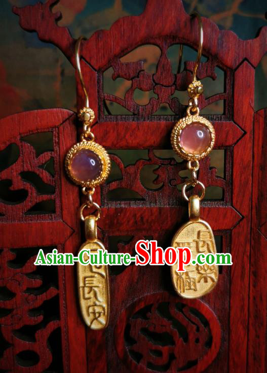 Chinese Handmade Qing Dynasty Earrings Traditional Hanfu Ear Jewelry Accessories Classical Court Golden Eardrop for Women