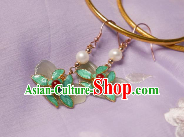 Chinese Handmade Qing Dynasty Green Flower Earrings Traditional Hanfu Ear Jewelry Accessories Classical Court Jade Butterfly Eardrop for Women