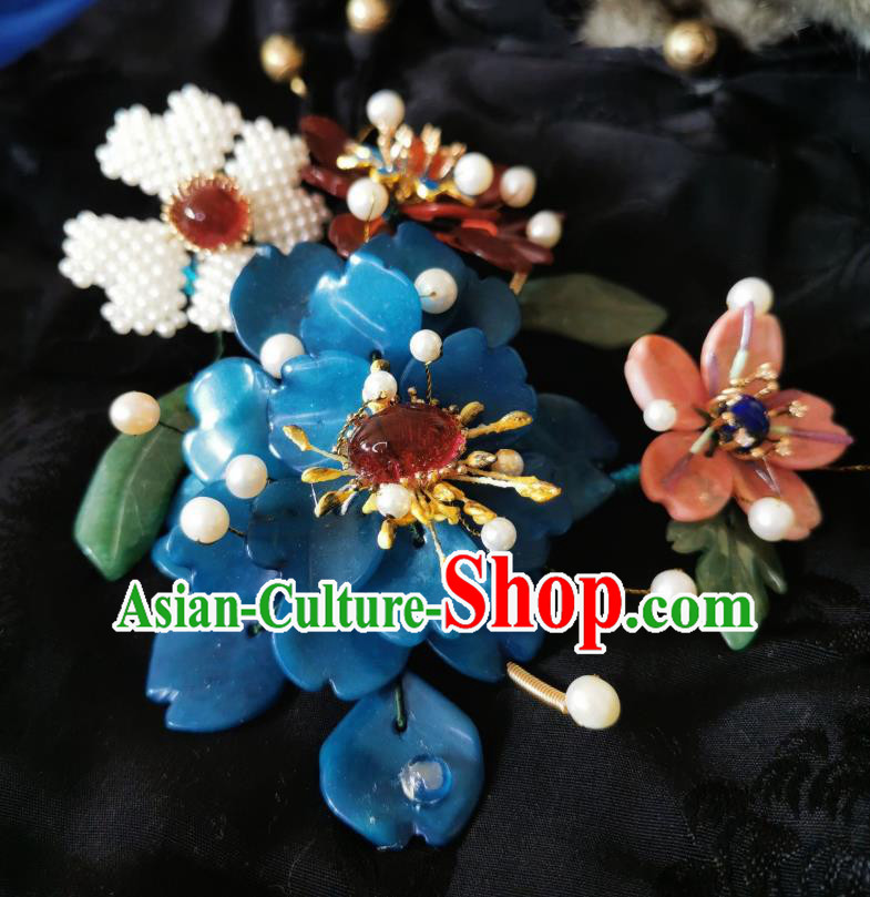 Handmade Chinese Agate Hairpins Traditional Hanfu Pearls Hair Accessories Ancient Qing Dynasty Court Flowers Hair Clip for Women