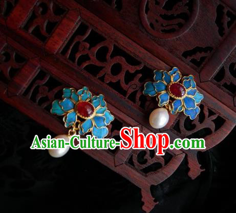 Chinese Handmade Qing Dynasty Blue Peony Earrings Traditional Hanfu Ear Jewelry Accessories Classical Pearl Eardrop for Women
