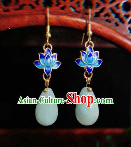 Chinese Handmade Qing Dynasty Jade Earrings Traditional Hanfu Ear Jewelry Accessories Classical Blueing Lotus Eardrop for Women