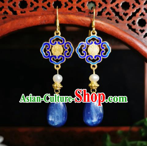 Chinese Handmade Qing Dynasty Blue Stone Earrings Traditional Hanfu Ear Jewelry Accessories Classical Lucky Eardrop for Women