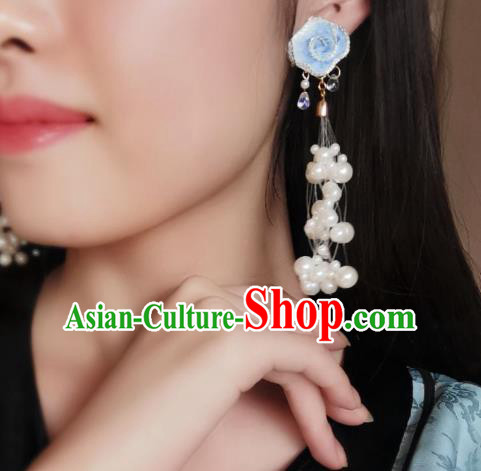 Chinese Handmade Embroidered Blue Cloud Earrings Traditional Hanfu Ear Jewelry Accessories Classical Pearls Eardrop for Women