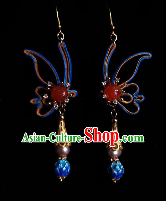 Chinese Handmade Agate Earrings Traditional Hanfu Ear Jewelry Accessories Classical Cloisonne Silk Butterfly Eardrop for Women