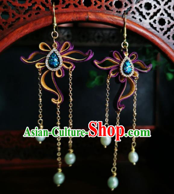 Chinese Handmade Tassel Earrings Traditional Hanfu Ear Jewelry Accessories Classical Purple Silk Flower Eardrop for Women