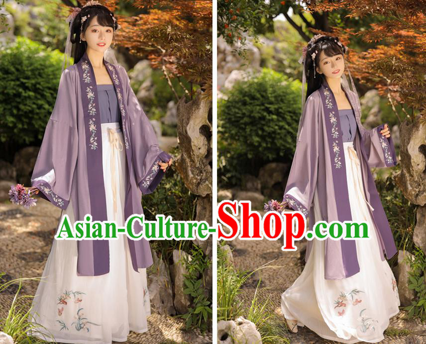 Top Chinese Song Dynasty Young Lady Costumes Traditional Hanfu Garment Ancient Village Girl Embroidered BeiZi Top and Skirt Complete Set