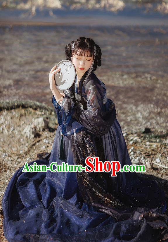 Chinese Tang Dynasty Court Lady Historical Costumes Traditional Hanfu Garment Ancient Princess Navy Blouse and Chiffon Dress for Women