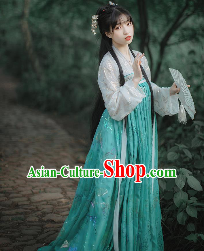 Chinese Tang Dynasty Royal Princess Historical Costumes Traditional Hanfu Garment Ancient Noble Lady Blouse and Green Chiffon Dress Full Set
