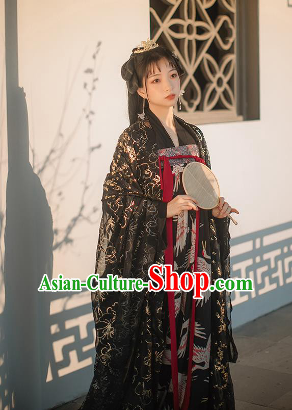 Chinese Tang Dynasty Black Chiffon Cloak Blouse and Dress Traditional Hanfu Garment Ancient Royal Princess Historical Costumes Full Set