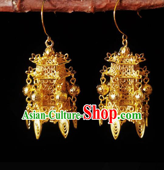 Chinese Handmade Court Golden Earrings Traditional Hanfu Ear Jewelry Accessories Classical Qing Dynasty Palace Eardrop for Women