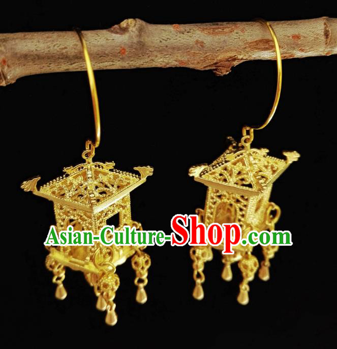 Chinese Handmade Palace Golden Earrings Traditional Hanfu Ear Jewelry Accessories Classical Ming Dynasty Tassel Eardrop for Women