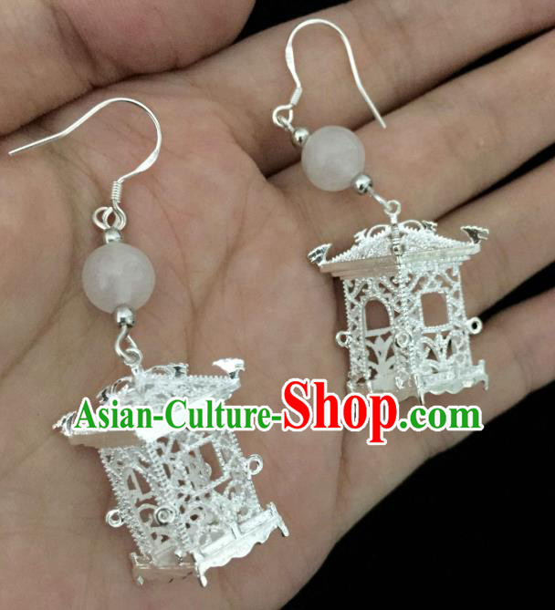 Chinese Handmade Argent Pavilion Earrings Traditional Hanfu Ear Jewelry Accessories Classical Qipao Eardrop for Women