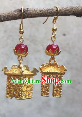 Chinese Handmade Earrings Traditional Hanfu Ear Jewelry Accessories Classical Qing Dynasty Golden Pavilion Eardrop for Women
