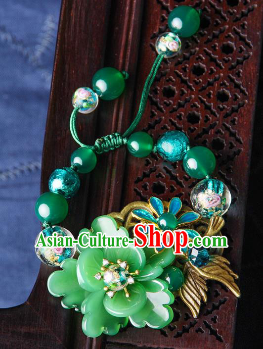 Handmade Chinese Traditional Green Peony Bracelet Jewelry Accessories Decoration National Beads Bangle for Women