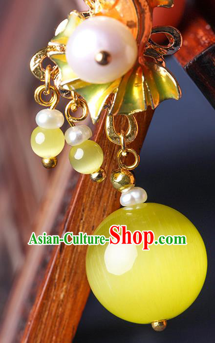 Traditional Chinese Yellow Opal Ear Accessories Handmade Eardrop National Cheongsam Fishtail Earrings for Women