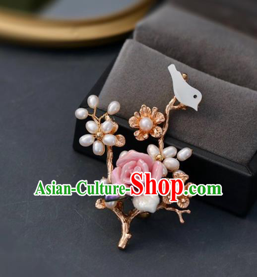 Top Grade Classical Pink Rose Bird Brooch Accessories Handmade Cheongsam Pearls Breastpin for Women