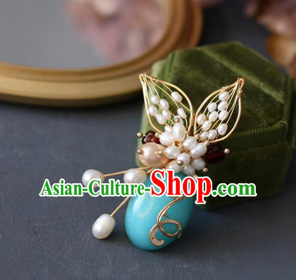 Top Grade Classical Blue Stone Brooch Accessories Handmade Cheongsam Pearls Breastpin for Women