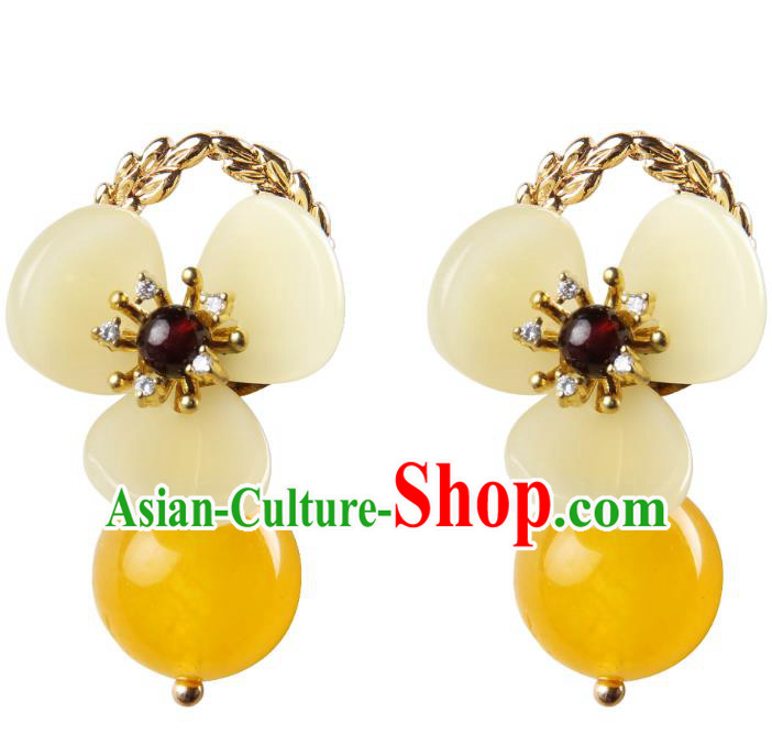 Traditional Chinese Yellow Bead Ear Accessories Handmade Eardrop National Cheongsam Flower Earrings for Women