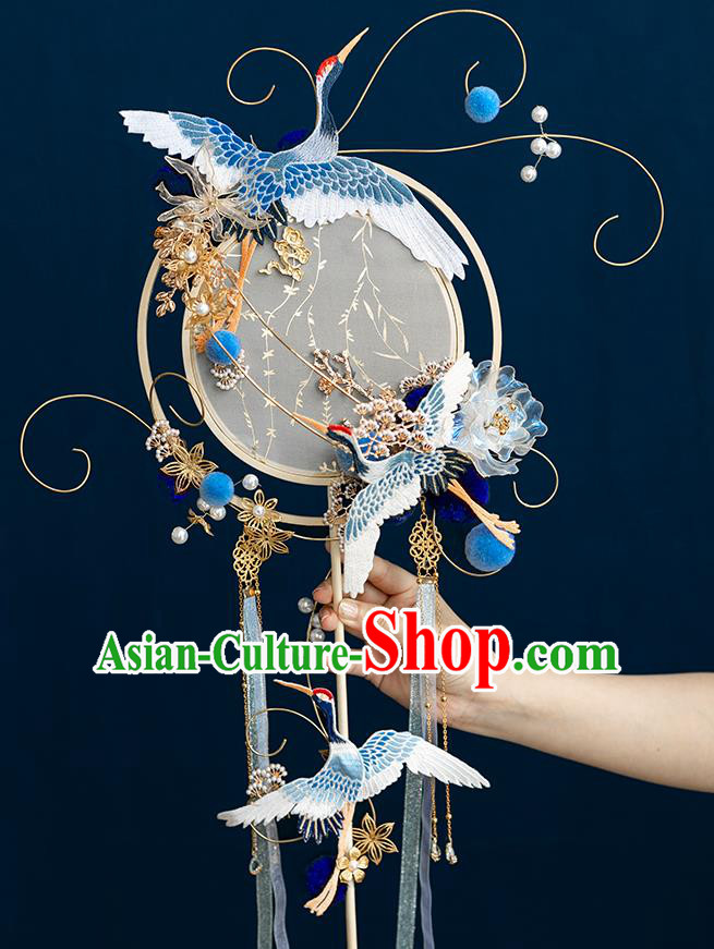 Top Grade Chinese Classical Wedding Blue Ribbon Fan Accessories Handmade Ancient Bride Embroidered Round Fans for Women