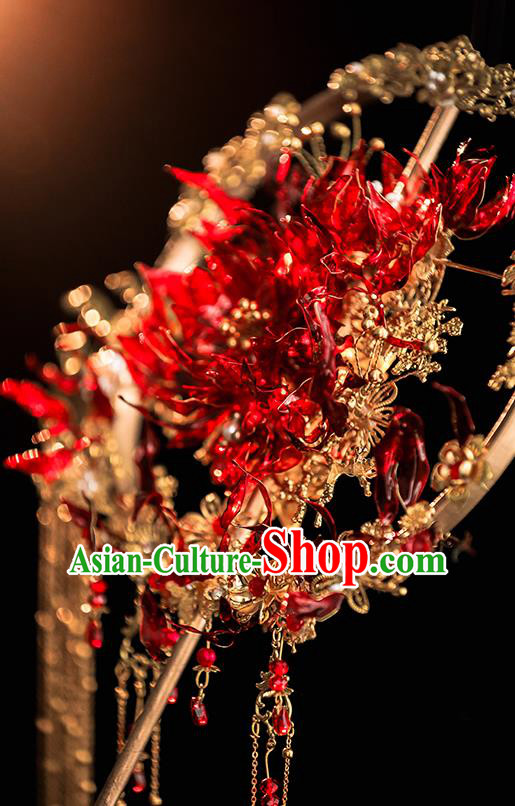 Top Grade Chinese Classical Wedding Red Spider Lily Fan Accessories Handmade Ancient Bride Golden Tassel Round Fans for Women