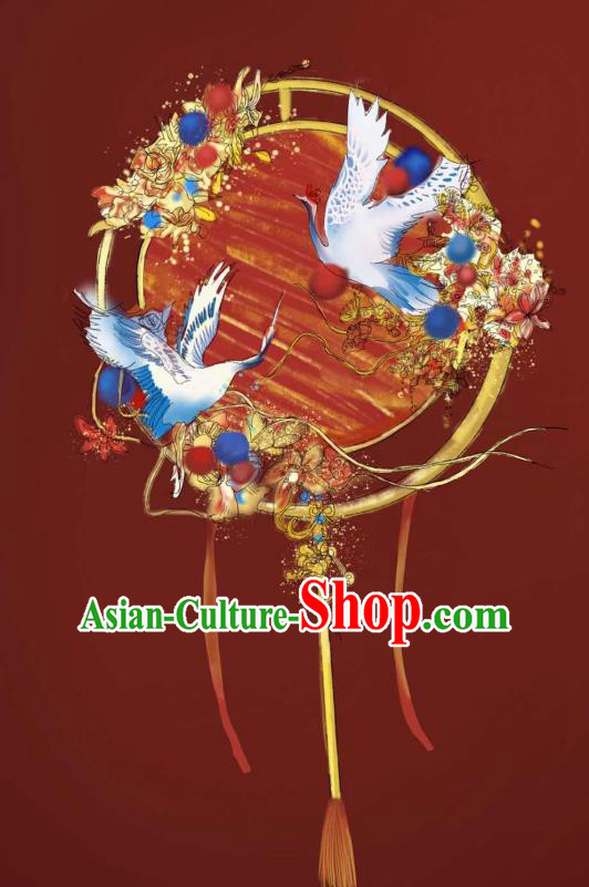 Top Grade Chinese Classical Wedding Red Round Fan Accessories Handmade Ancient Bride Embroidered Crane Palace Fans for Women