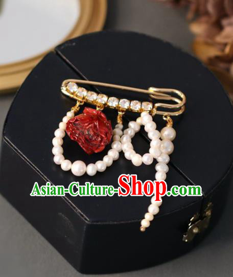Top Grade Classical Red Rose Brooch Accessories Handmade Sweater Crystal Breastpin Pearls Ornaments for Women