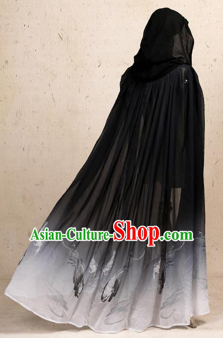 Traditional Chinese Hanfu Black Chiffon Cloak Ancient Costume Cape with Cap for Women