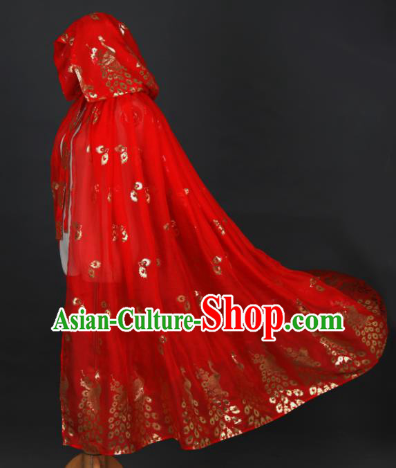 Traditional Chinese Hanfu Printing Peacock Red Cloak Ancient Costume Chiffon Cape with Cap for Women