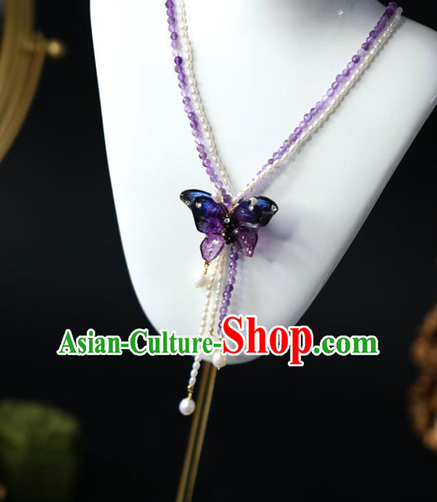 Baroque Handmade Amethyst Butterfly Necklace Jewelry Accessories European Retro Princess Beads Necklet for Women