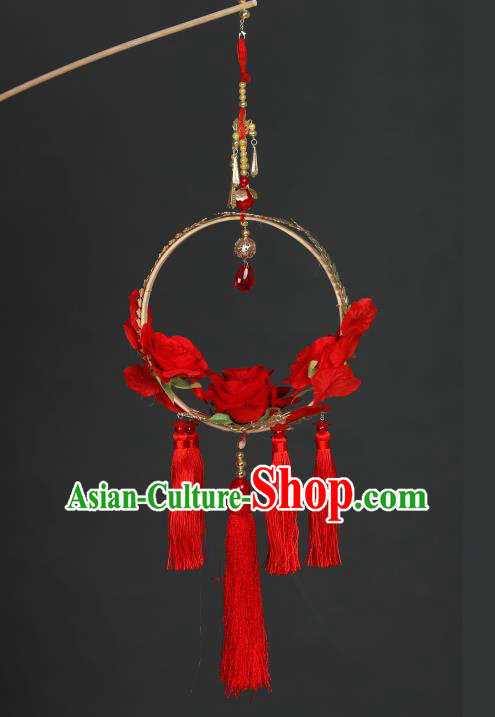 Chinese Handmade Stage Show Prop Decoration Traditional Red Roses Lantern Tassel Portable Lamp