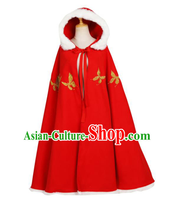 Traditional Chinese Hanfu Red Woolen Cloak Ancient Costume Winter Embroidered Butterfly Cape with Cap for Women