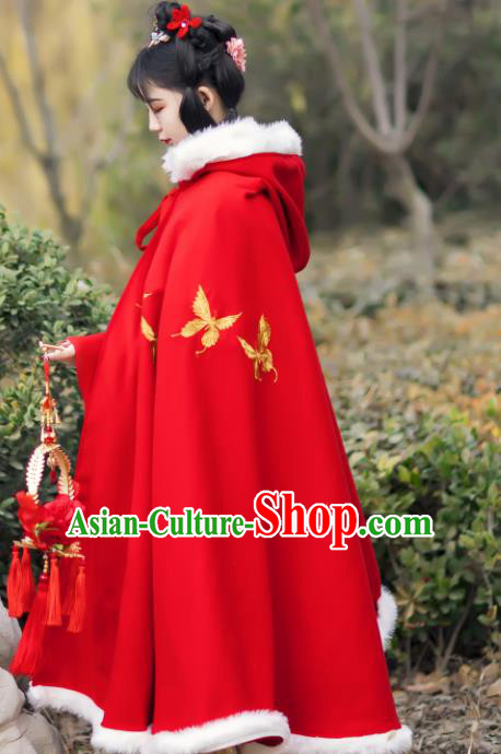 Traditional Chinese Hanfu Red Woolen Cloak Ancient Costume Winter Embroidered Butterfly Cape with Cap for Women