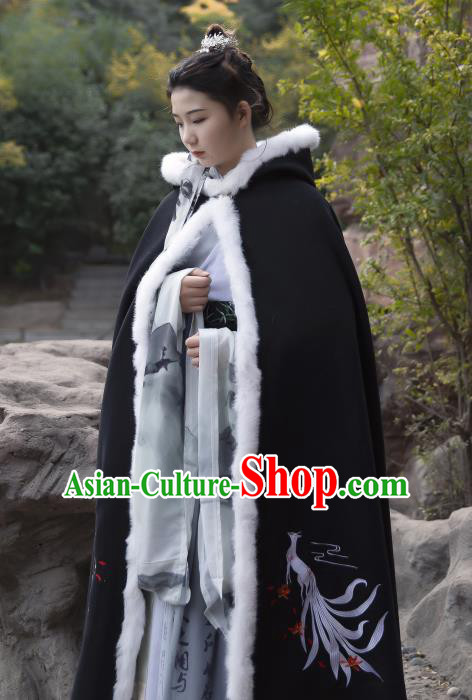 Traditional Chinese Hanfu Black Woolen Cloak Ancient Costume Winter Embroidered Fox Cape With Cap for Women