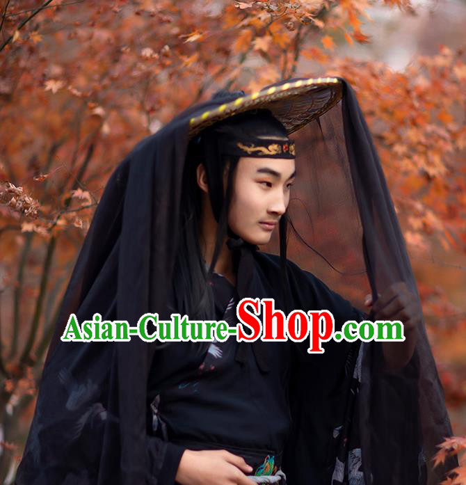 Chinese Traditional Ancient Swordsman Headwear Handmade Hanfu Knight Black Chiffon Bamboo Hat for Men