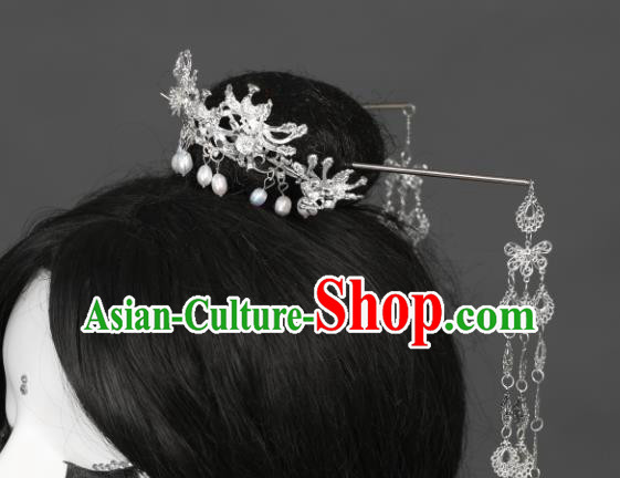 Chinese Traditional Ancient Princess Argent Phoenix Pearls Tassel Hair Crown and Hairpin Hair Clip Hanfu Hair Accessories Headwear for Women