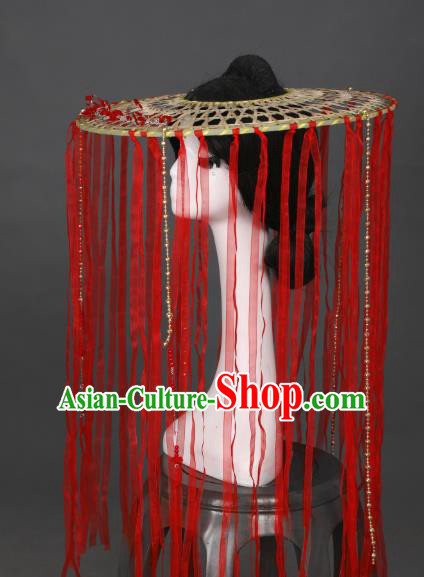 Chinese Traditional Ancient Female Swordsman Headwear Handmade Hanfu Red Silk Ribbon Tassel Bamboo Hat for Women
