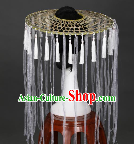 Chinese Traditional Ancient Female Swordsman Headwear Handmade Hanfu White Silk Ribbon Tassel Bamboo Hat for Women