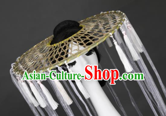 Chinese Traditional Ancient Female Swordsman Headwear Handmade Hanfu White Silk Ribbon Tassel Bamboo Hat for Women
