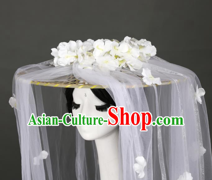 Chinese Traditional Ancient Goddess Princess Headwear Handmade Hanfu White Flowers Veil Bamboo Hat for Women