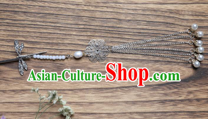 Chinese Traditional Ancient Princess Argent Dragonfly Hair Clip Hanfu Hair Accessories Headwear Tassel Hairpin for Women