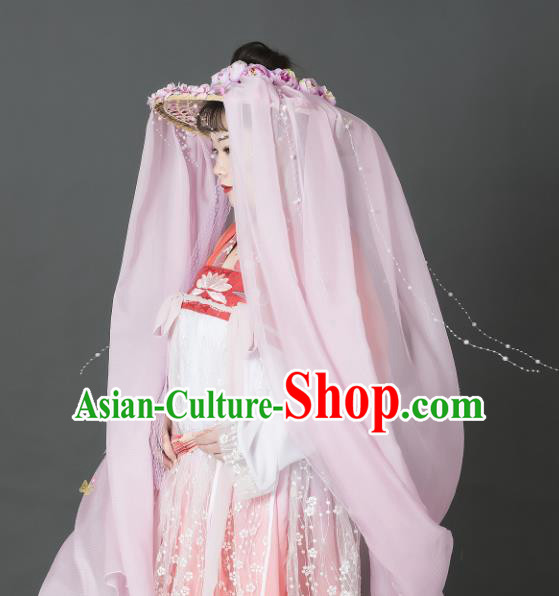 Chinese Traditional Ancient Goddess Headwear Handmade Hanfu Female Swordsman Pink Roses Veil Bamboo Hat