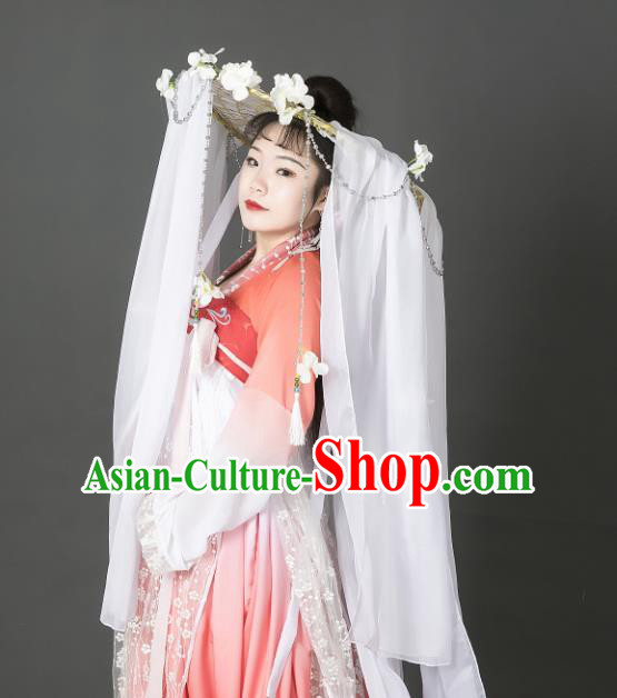 Chinese Traditional Ancient Goddess Headwear Handmade Hanfu Female Swordsman White Flowers Veil Bamboo Hat
